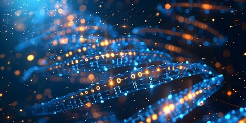 Abstract Network Design: Digital DNA Strand with Binary Code Nodes. Concept Technology, Networking, Digital Art, Graphic Design, Coding