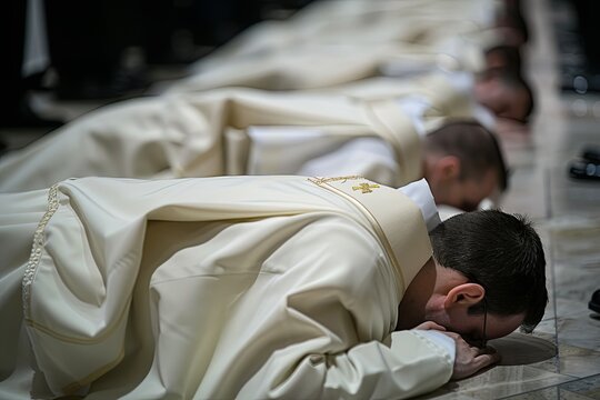 Catholic priests lying face down during the ordination ceremony.
