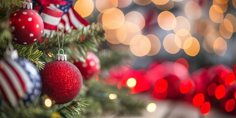 Obraz premium Close-up of Christmas tree decorations with red baubles, American flag ornament, and blurred lights creating a festive atmosphere