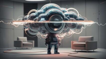 A robot with a cloud on its head and two chairs, AI
