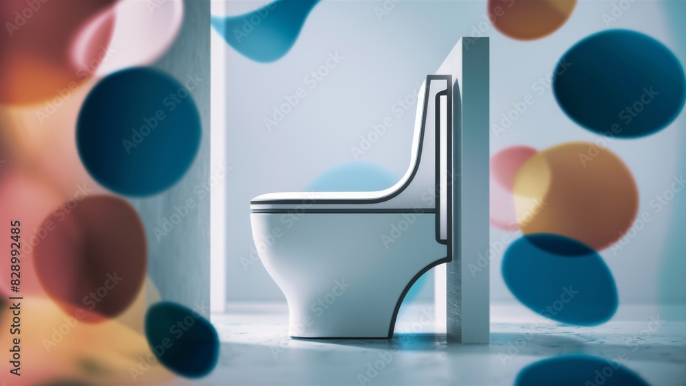 Canvas Prints A toilet with a wall behind it in the middle of some colorful balls, AI