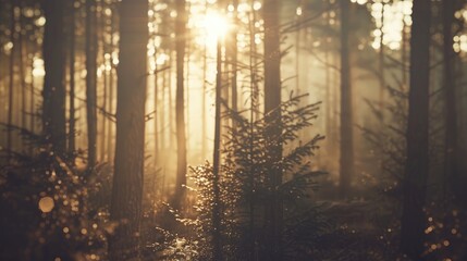 Obraz premium Vintage effect adds mystery to sunlight shining in the woods