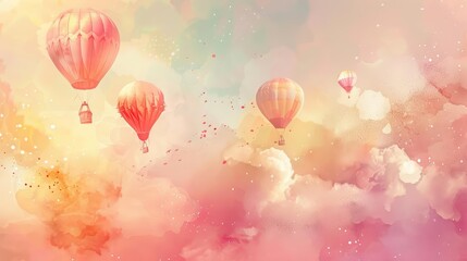 Fototapeta premium A dreamy watercolor illustration featuring hot air balloons floating in a pastel-colored sky, suitable for creative and artistic backgrounds.