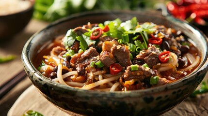 Guo Noodles Asian Dish with Vegetables Pork Mole and Chinese Herbal Medicine