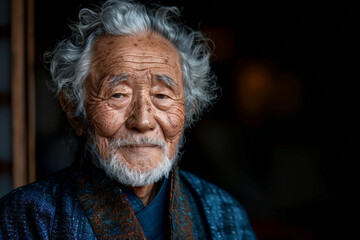 Asian 80-90 years old man with white hair and blue kimono against blurred background with copy space