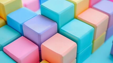 Obraz premium Colorful pastel blocks stacked in an abstract arrangement, creating a vibrant and playful geometric pattern with a soft color scheme.