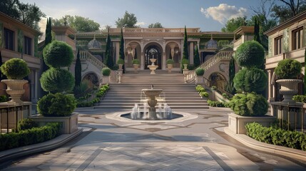 Grand Mediterranean-style villa entrance with tiered landscaping, manicured hedges, and a central stone fountain approached by wide steps.