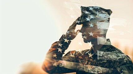 Honoring Fallen Soldiers - Double Exposure Silhouette with Flag Salute in Reverent Tones Close Up with Copy Space