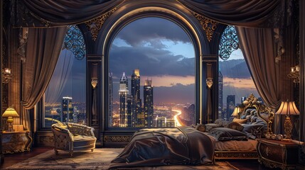 A majestic luxury bedroom with an ornate window design, showcasing a city's night lights, paired...