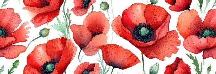 Red poppies, flowers, field, summer, spring, background. Watercolor illustration.