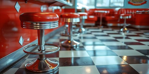 A retro diner scene unfolds with a checkered floor and chrome stools. Concept Retro Diner, Checkered Floor, Chrome Stools, Nostalgic Nook, Vintage Ambiance