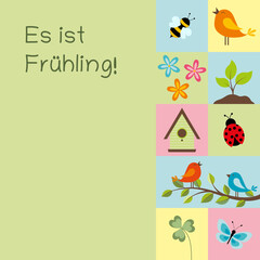 Es ist Frühling - Schriftzug in deutscher Sprache. Quadratische Karte mit Frühlingssymbolen in Pastellfarben.