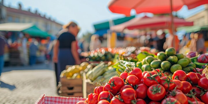 A market scene with tomatoes and other vegetables on display in the foreground and vendors in the background