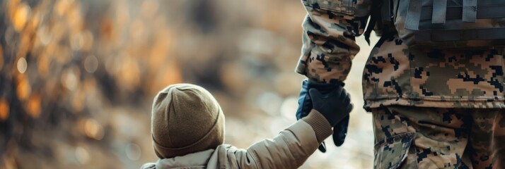 A soldier in camouflage uniform holding the hand of a child in a warm embrace with a blurred background