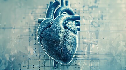 Highresolution anatomical blueprint of the human heart crosssection in textbook style close up, medical study, futuristic, manipulation with a parchment backdrop