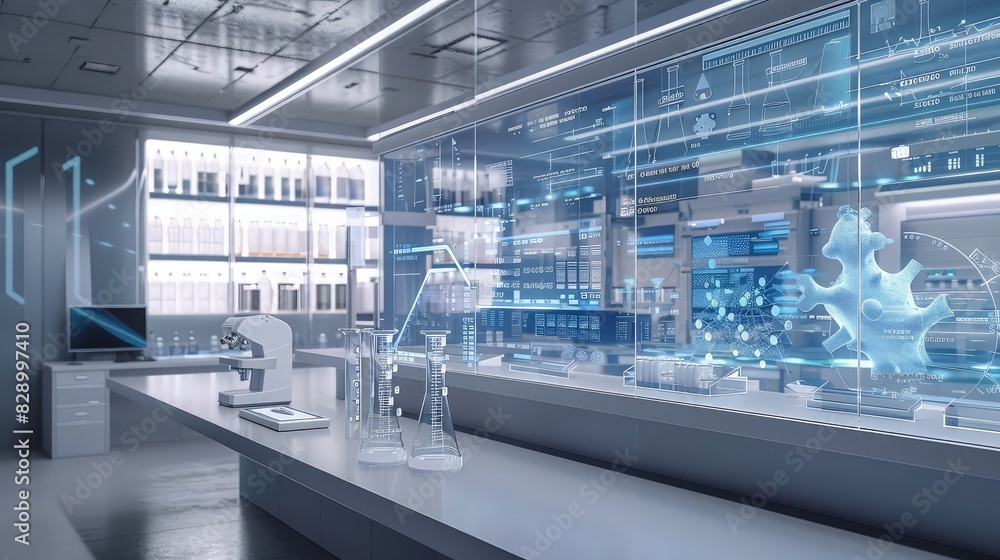 Poster a modern pharmaceutical lab with sleek, transparent displays showing real-time analytics and simulat