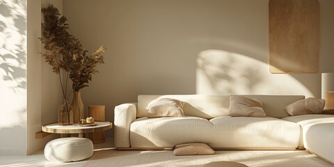 Modern living room design features a beige couch with cushions, round table, and warm sunlight