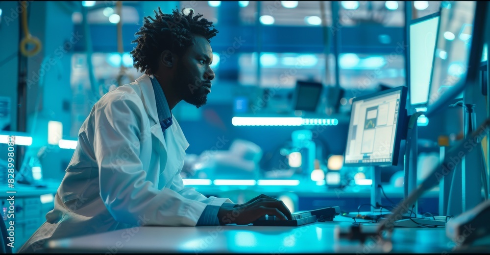 Poster focused african american scientist working on a computer in a high-tech laboratory environment
