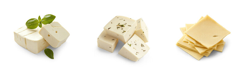 set of classic different types of cheese as milk dairy product display isolated on transparent png cutout background