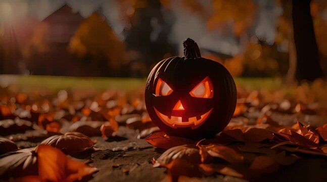 realistic close up pumpkin lantern with spooky light effect, halloween celebration background in autumn, 4k resolution footage, generate ai
