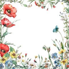 Fototapeta premium Water Color Flowers Frame. Botanical Summer Meadow in Vintage Spring Square Background