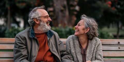 A couple shares an intimate laugh sitting on a park bench, depicting companionship and shared joy