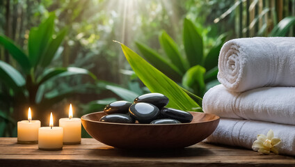 Stones, candles, towels in nature composition
