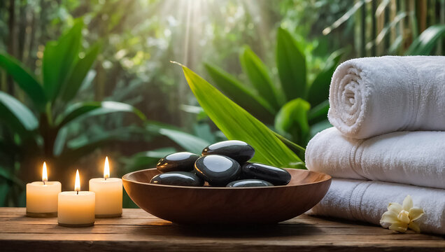 Stones, candles, towels in nature composition