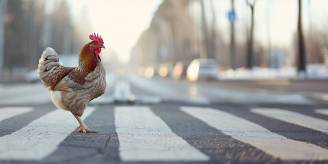 A striking image of a rooster boldly crossing a zebra crossing on a sunny, urban street, with cars in the background