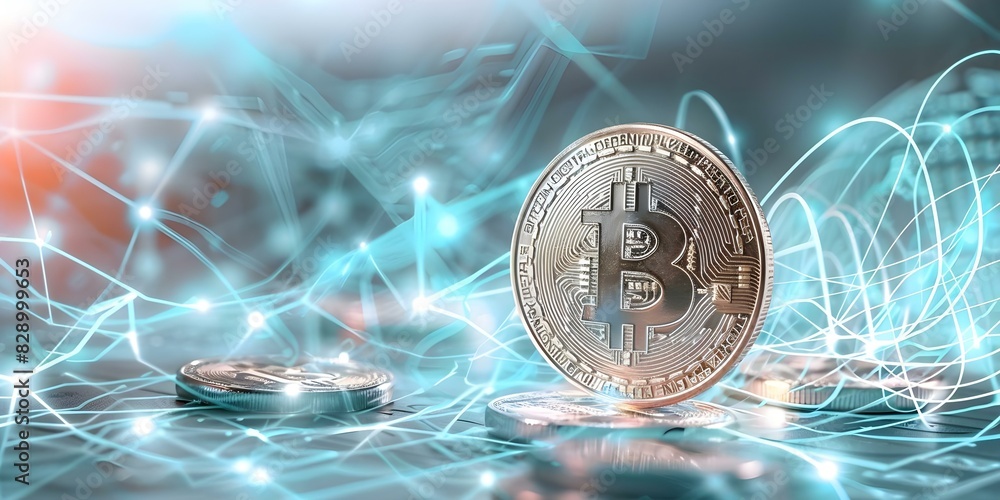 Poster floating golden bitcoin cubes symbolize cryptocurrency value over digital grid network. concept cryp