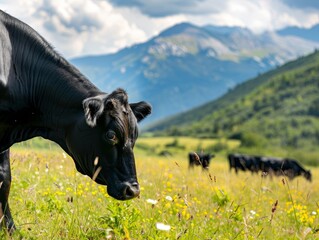 A cow is standing in a field of flowers next to a mountain
