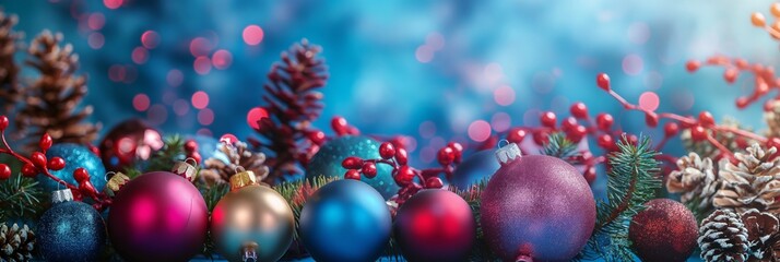 Fototapeta premium Panoramic image of vibrant Christmas decorations and pine cones against a blue, festive backdrop