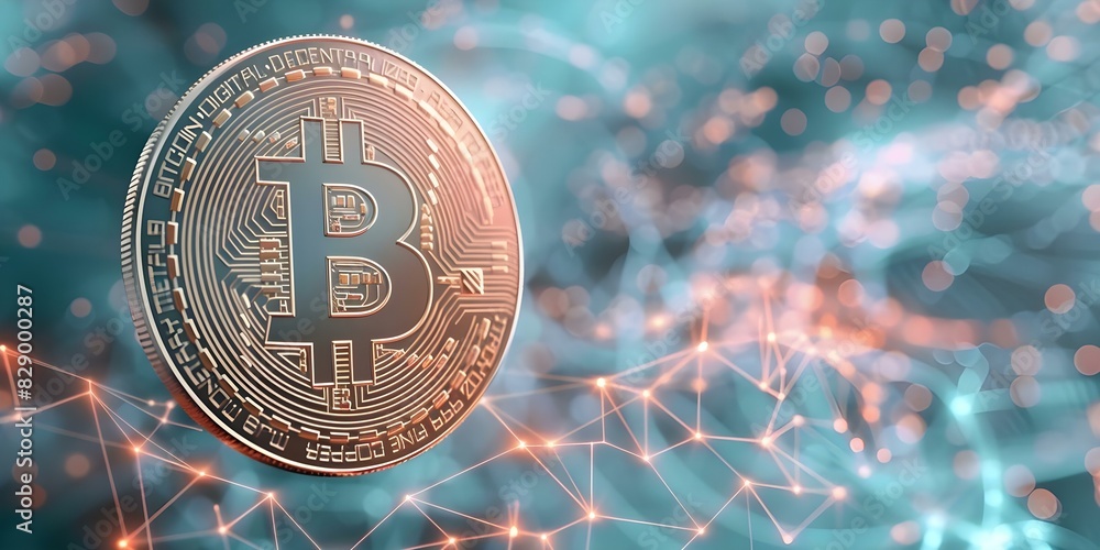 Poster symbolic representation of cryptocurrency value through floating golden bitcoin cubes on digital gri