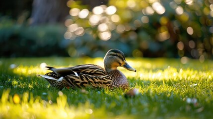 Duck with a beautiful appearance resting on the lawn illuminated by the sunlight - Powered by Adobe
