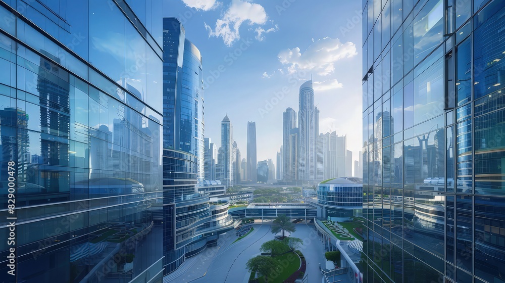 Poster a professional linkedin background featuring a panoramic view of a modern business district, reflect