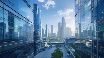 A professional LinkedIn background featuring a panoramic view of a modern business district, reflecting a dynamic and successful career environment.
