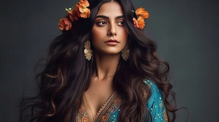 Naklejka premium Indian woman with flowers