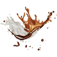 Beautiful splashes of milk and coffee isolated on transparent background. Mix of milk and coffee splashes 