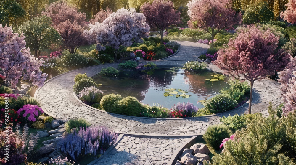 Poster a quaint park setting with a small circular lake at the center, surrounded by a variety of flowering