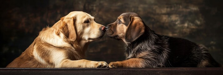 Two adorable dogs, one golden and one black, are touching noses affectionately against a dark backdrop