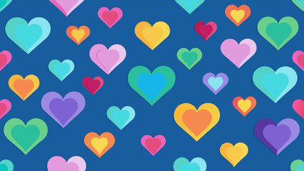 Pattern of colorful hearts on a navy blue background, including shades of pink, green, and blue.