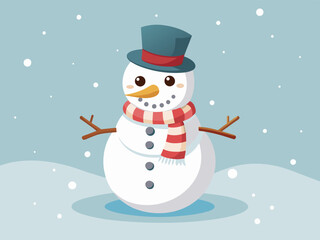 Fototapeta premium Cartoon snowman with a carrot nose and twig arms stands in a winter scene with pine trees under a light blue sky.