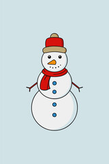 Simple vector illustration of a snowman with a red scarf and a brown hat on a plain blue background.