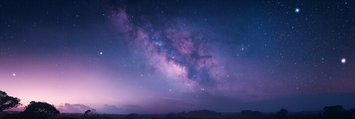 A breathtaking view of the Milky Way with the visible nebula, stars, and silhouettes of trees against a night sky