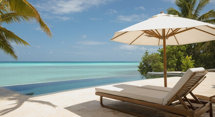 Two pool lounge chairs at luxury tropical hotel resort. Empty poolside sun loungers. Summer vacation, relax and leisure at seaside resort