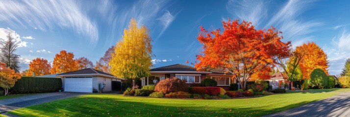 Fototapeta premium Home In Fall - Suburban House in Autumn Garden on Sunny Afternoon