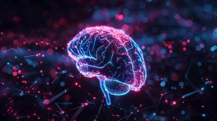 Hovering Neon Glow Hi-Tech Human Brain on Black Background