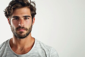 Obraz premium White Man Serious. Portrait of Young Hispanic Man with Beard Looking Serious over White Background