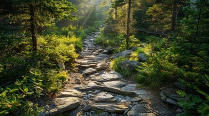 Obraz premium A rugged rocky path winding through a dense green forest, with sunlight filtering through the trees, casting dappled shadows on the trail.