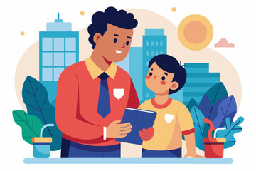 a man and a child are looking at a piece of paper